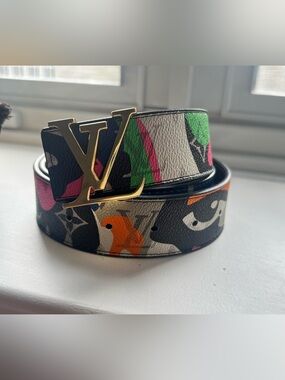 Louis Vuitton Multicolor Monogram Animal Print Belt with Gold LV Buckle